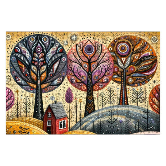 Folk Art Autumn Trees Wooden Puzzle: Fall Landscape