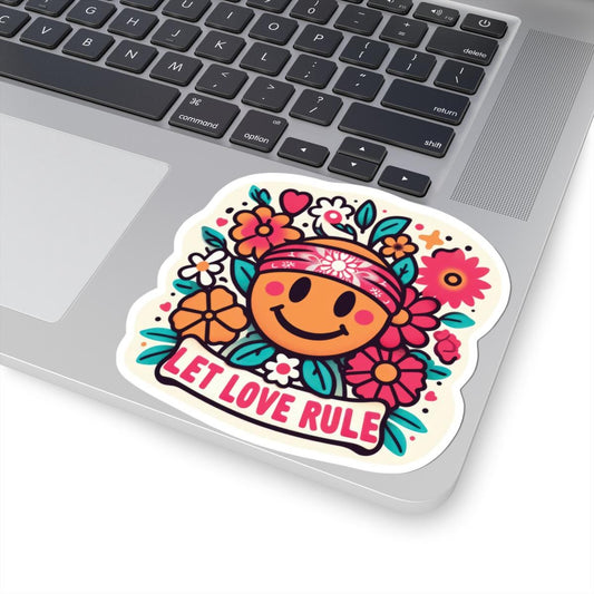 ColorFlow | Let Love Rule Sticker with Hippie Smiley and Flowers | Retro Groovy Vinyl Decal