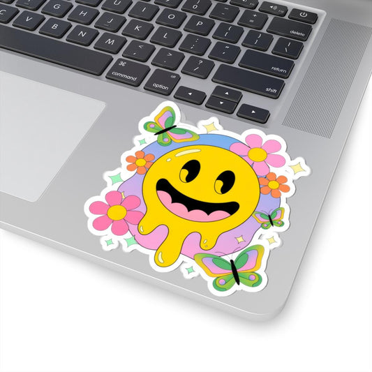 Drippy Smiley Face Sticker: Retro Groovy 70s Pastel Vinyl Decal