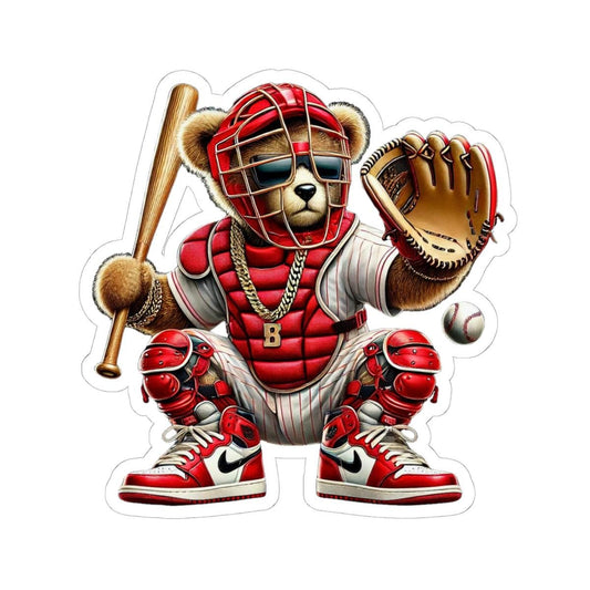 Baseball Teddy Bear Sticker: Gangsta Catcher in Red & Gold