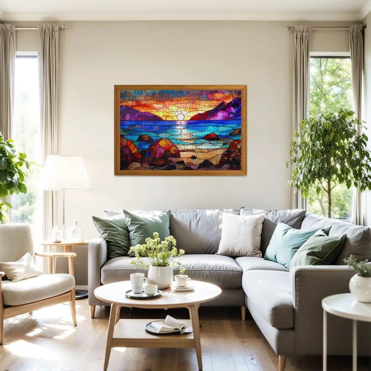 Stained Glass Sunset Puzzle: Wooden Jigsaw Puzzle