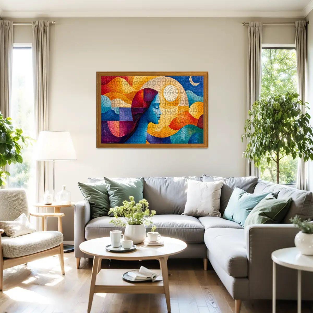 Abstract Woman and Sun Moon Puzzle: Wooden Jigsaw Art