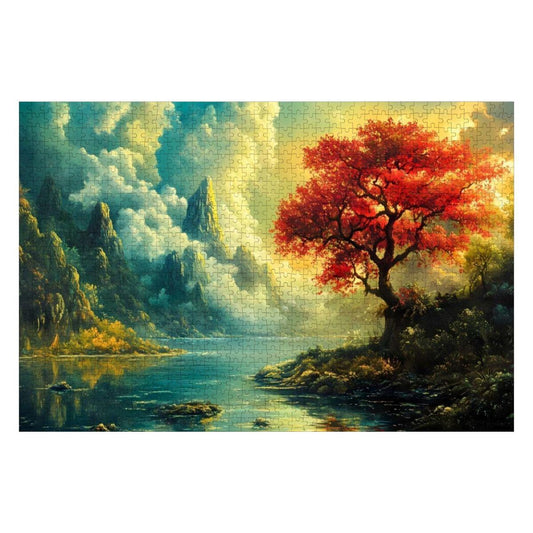 Red Tree Fantasy Landscape Wooden Jigsaw Puzzle -