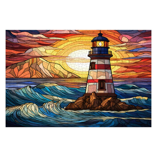 Stained Glass Lighthouse Puzzle: Coastal Sunset Design -