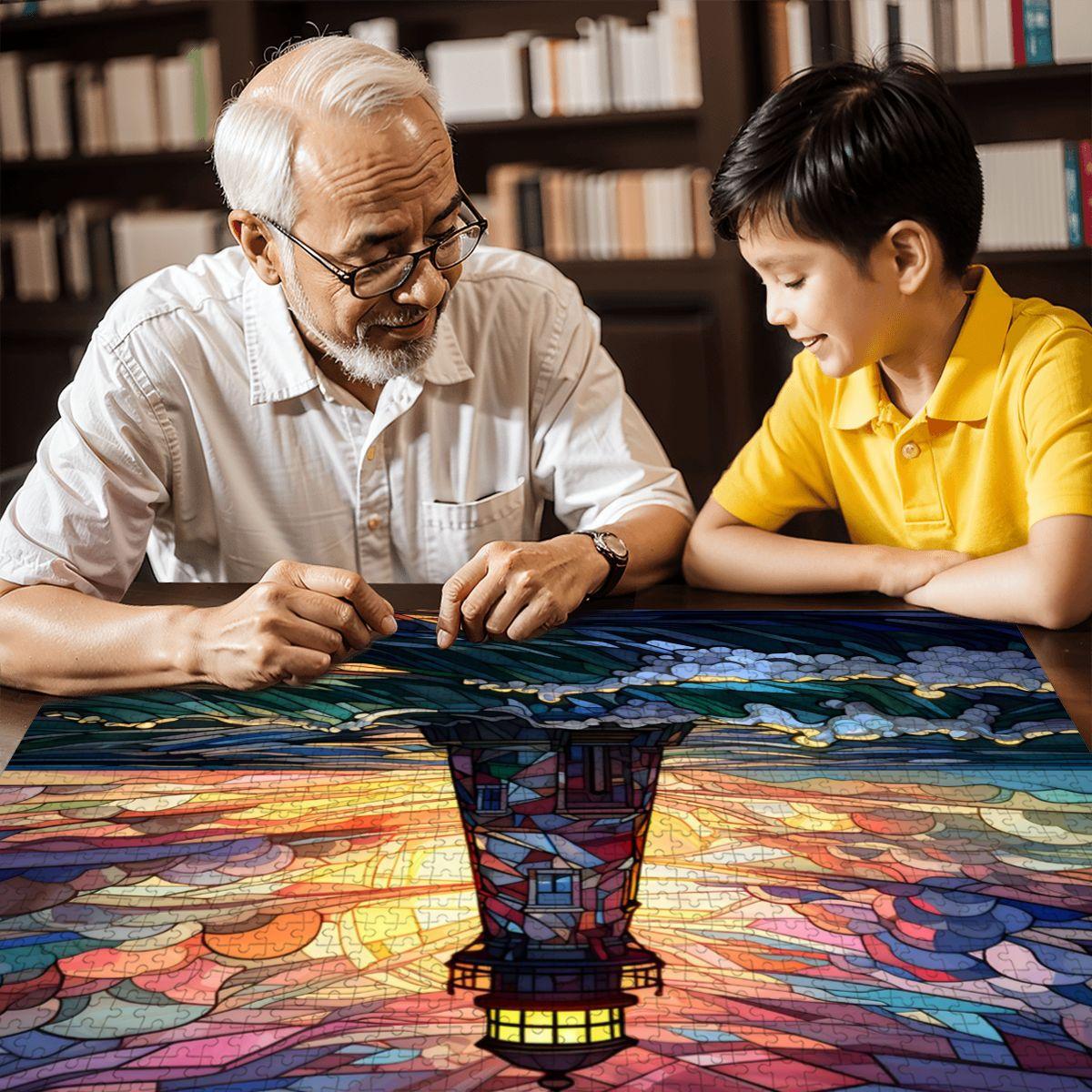 Stained Glass Lighthouse Puzzle: Multicolor Sunset Ocean Art,