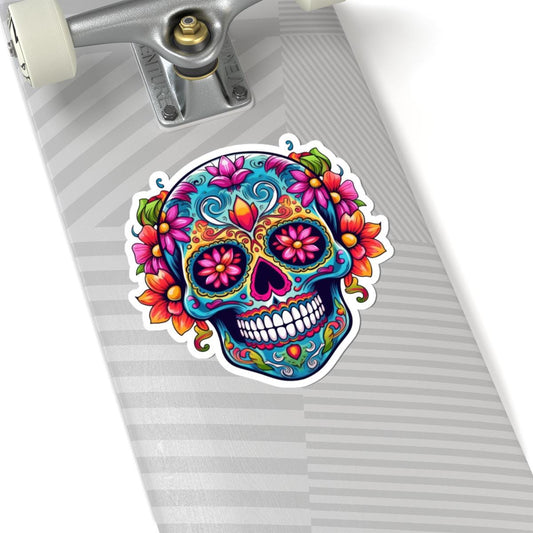 Teal Sugar Skull Sticker: Floral Calavera, Waterproof Vinyl Decal