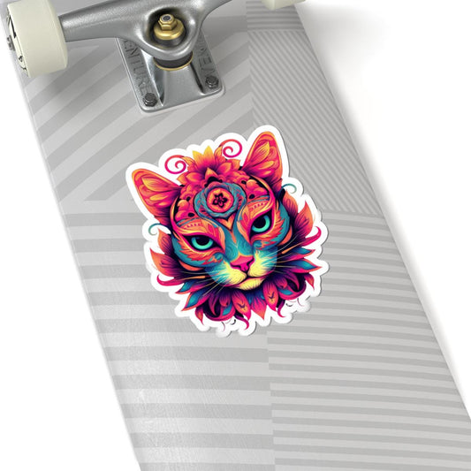 Psychedelic Cat Sticker: Vibrant Floral Trippy Vinyl Decal