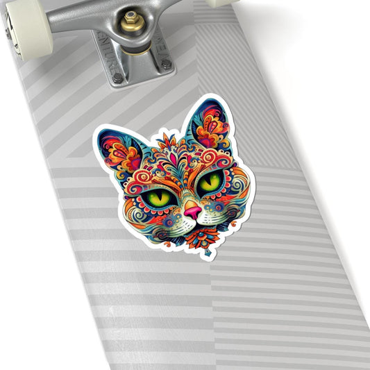 Psychedelic Mandala Cat Sticker: Vibrant Floral Trippy Vinyl Decal