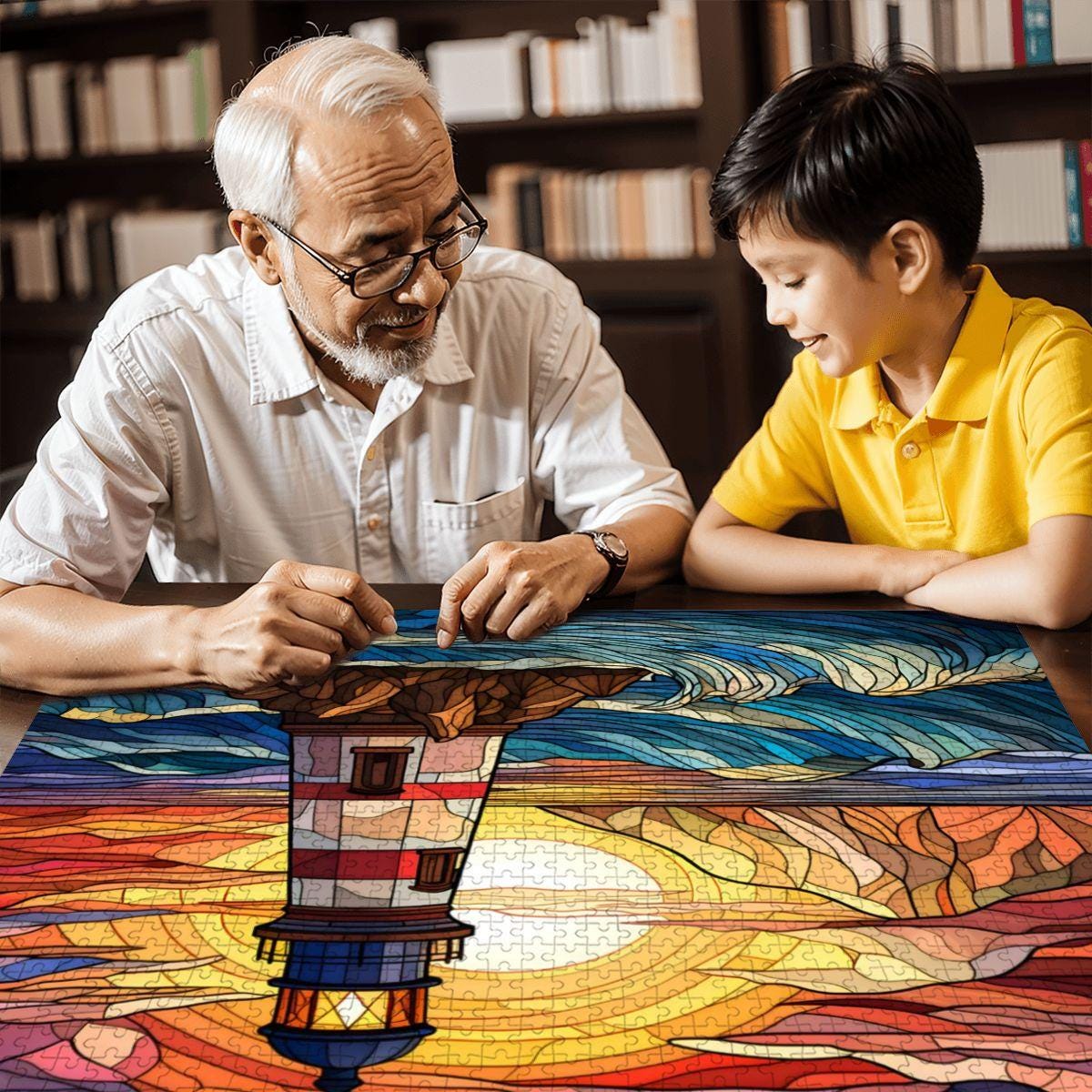 Stained Glass Lighthouse Puzzle: Coastal Sunset Design -