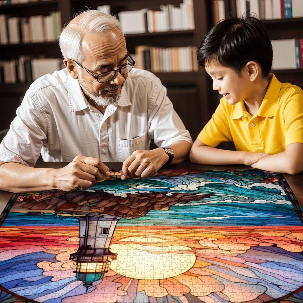 Stained Glass Lighthouse Puzzle: Ocean Sunset Scene,