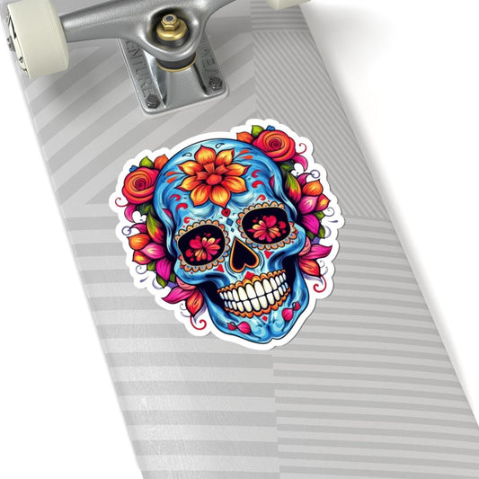 Blue Sugar Skull Vinyl Sticker: Floral Dia de los Muertos Decal
