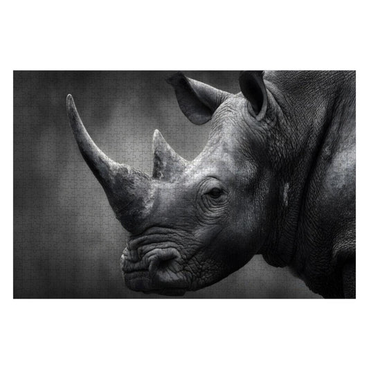 Rhinoceros Wooden Jigsaw Puzzle: Monochrome Wildlife Art