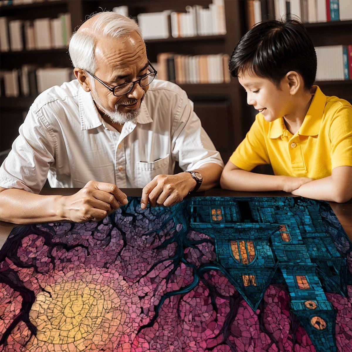 Stained Glass Haunted House Wooden Jigsaw Puzzle: Spooky Gothic Decor