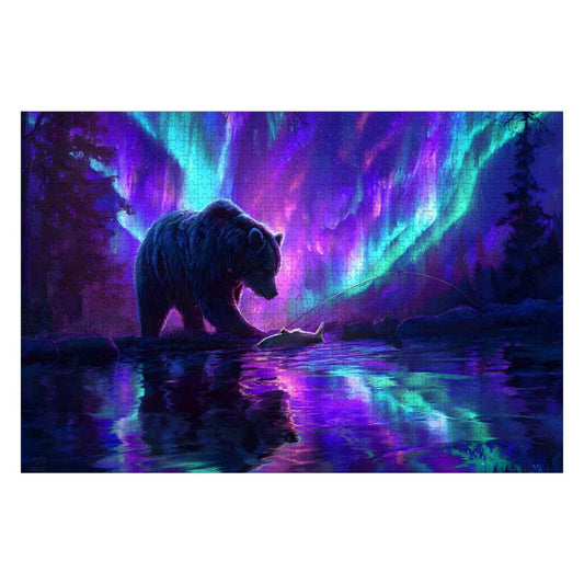 Aurora Borealis Wooden Jigsaw Puzzle: Majestic Bear Fishing Scene