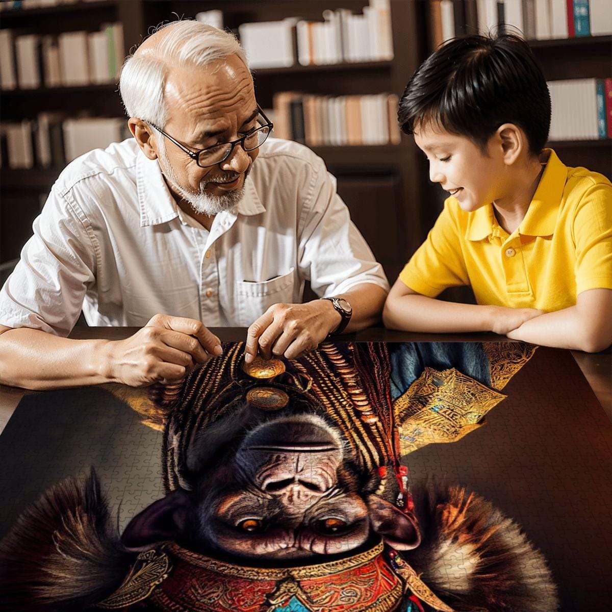 Tribal Gorilla Wooden Jigsaw Puzzle: Ornate Headdress, Basswood, Royal Primate