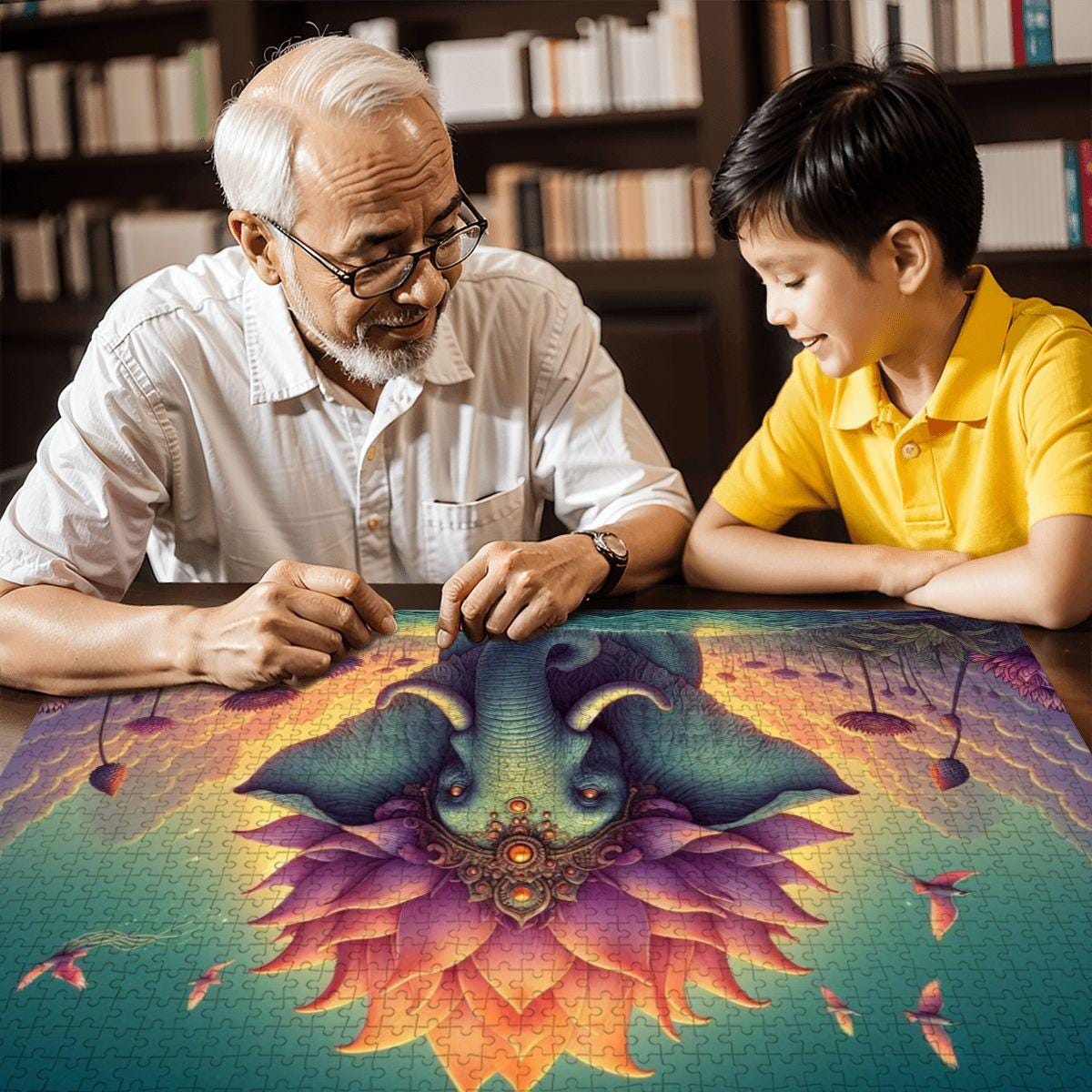 Lotus Crowned Elephant Jigsaw Puzzle: Dreamy Sunset Water Garden