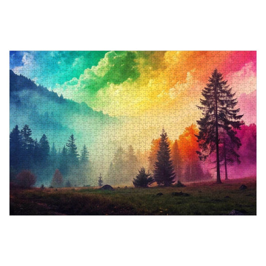 ColorFlow | Wooden Jigsaw Puzzle | Rainbow Mist Forest Art Wood Puzzle for Adults and Kids | Relaxing Gift