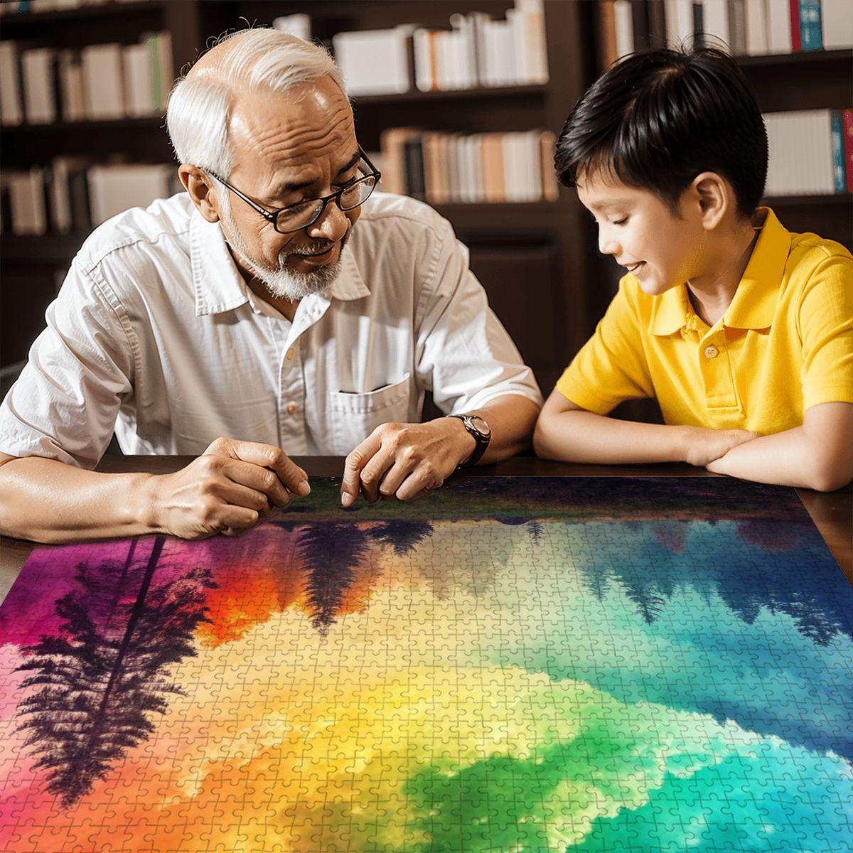 ColorFlow | Wooden Jigsaw Puzzle | Rainbow Mist Forest Art Wood Puzzle for Adults and Kids | Relaxing Gift
