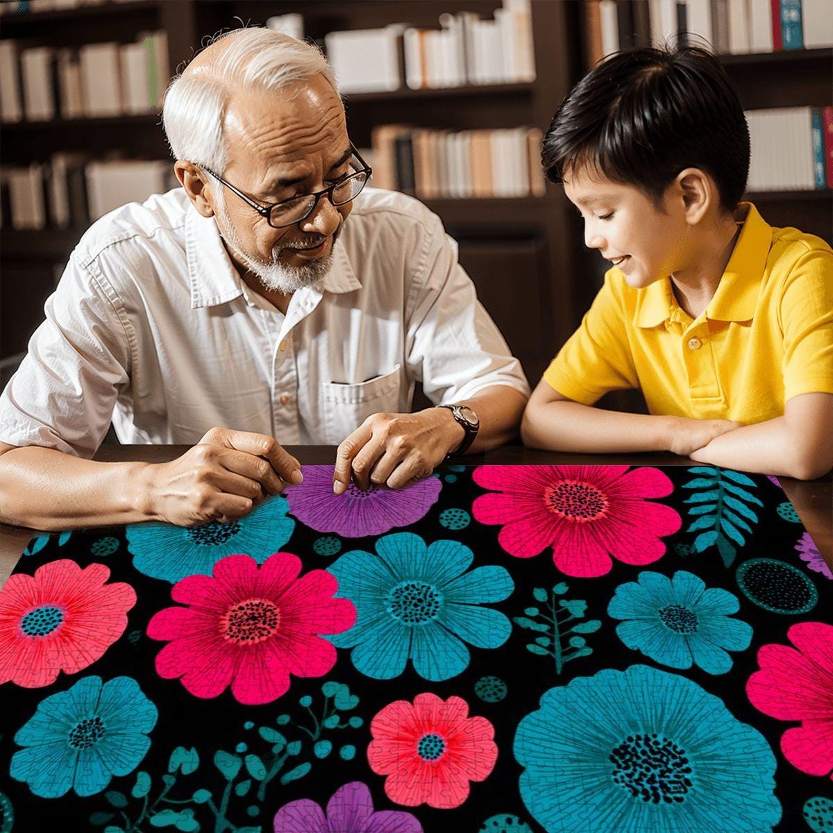 Retro Floral Wooden Jigsaw Puzzle | Vibrant Bloom Art Decor