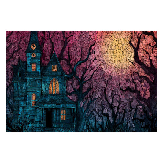 Stained Glass Haunted House Wooden Jigsaw Puzzle: Spooky Gothic Decor