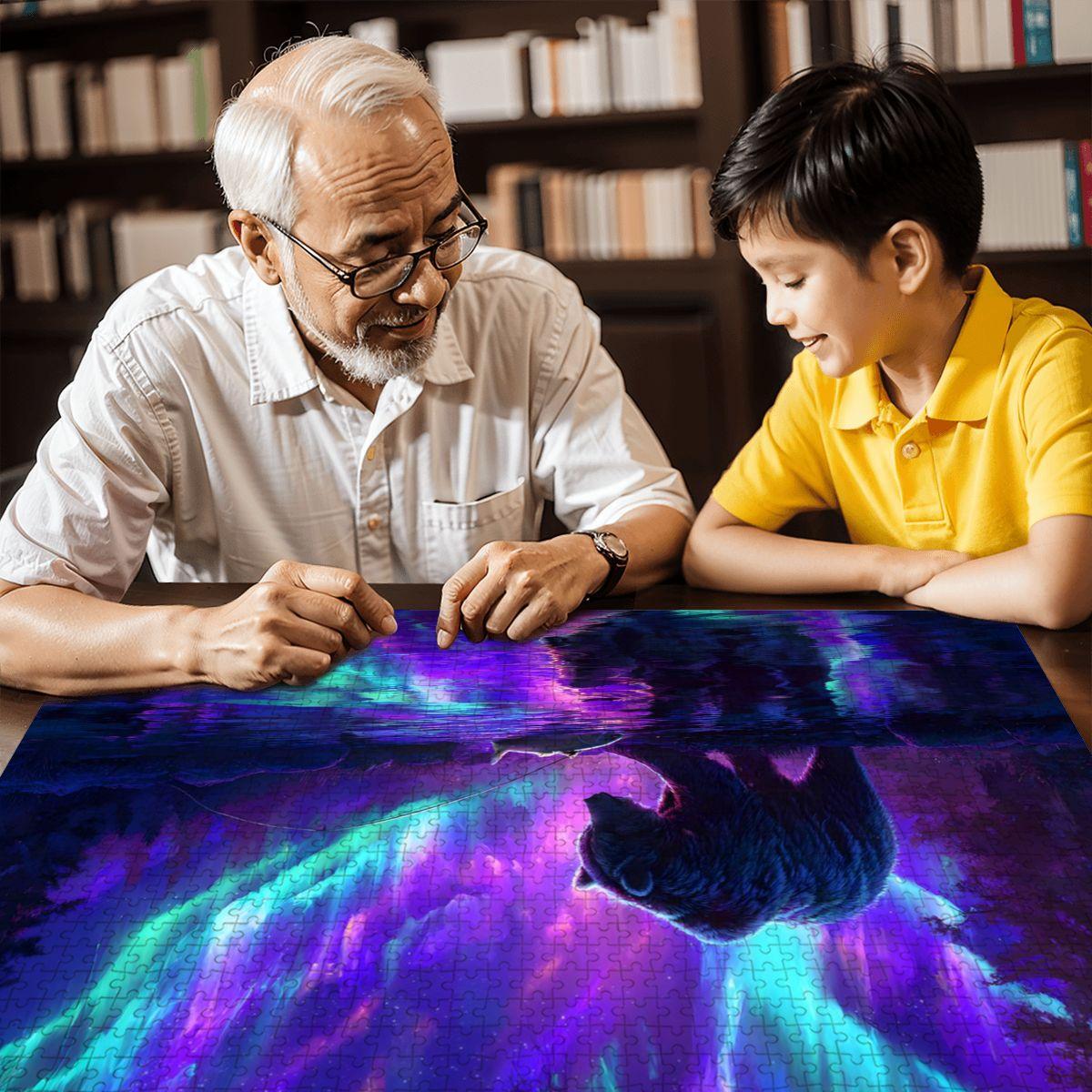 Aurora Borealis Wooden Jigsaw Puzzle: Majestic Bear Fishing Scene