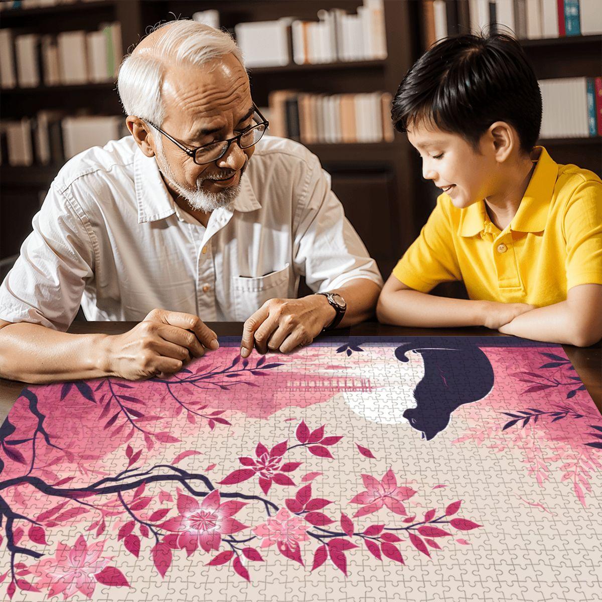 Cat Watching Sunset Wooden Jigsaw Puzzle: Japanese Cherry Blossom Art