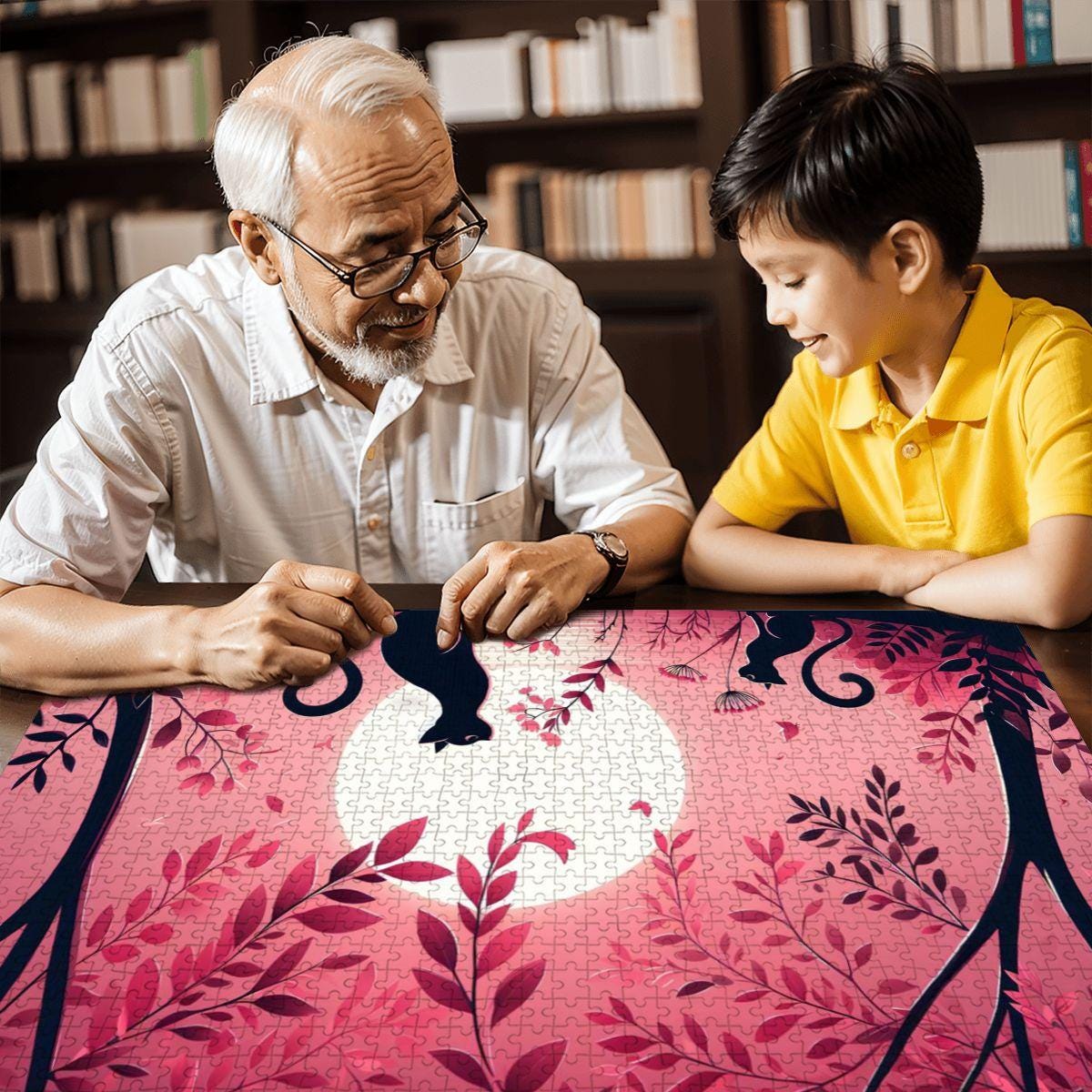 Two Black Cats Jigsaw Puzzle: Pink Moonlight Botanical Art