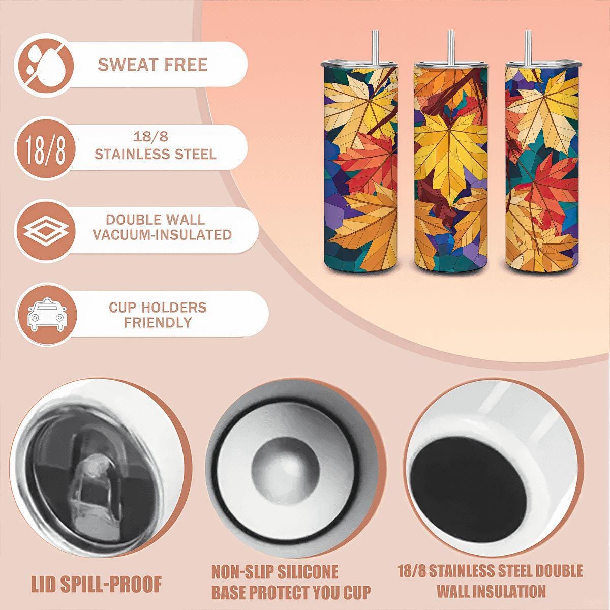 ColorFlow | Autumn Stained Glass Leaves Tumbler | 20oz Stainless Steel | Fall Leaf Insulated Mug | Colorful Art Cup with Straw