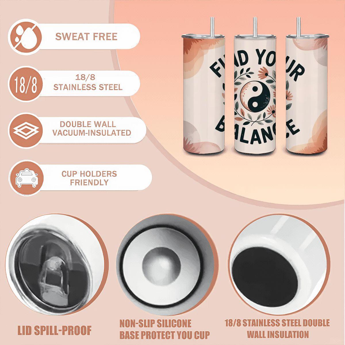 Yin Yang Floral Tumbler: 20oz Insulated Stainless Steel Motivational Cup