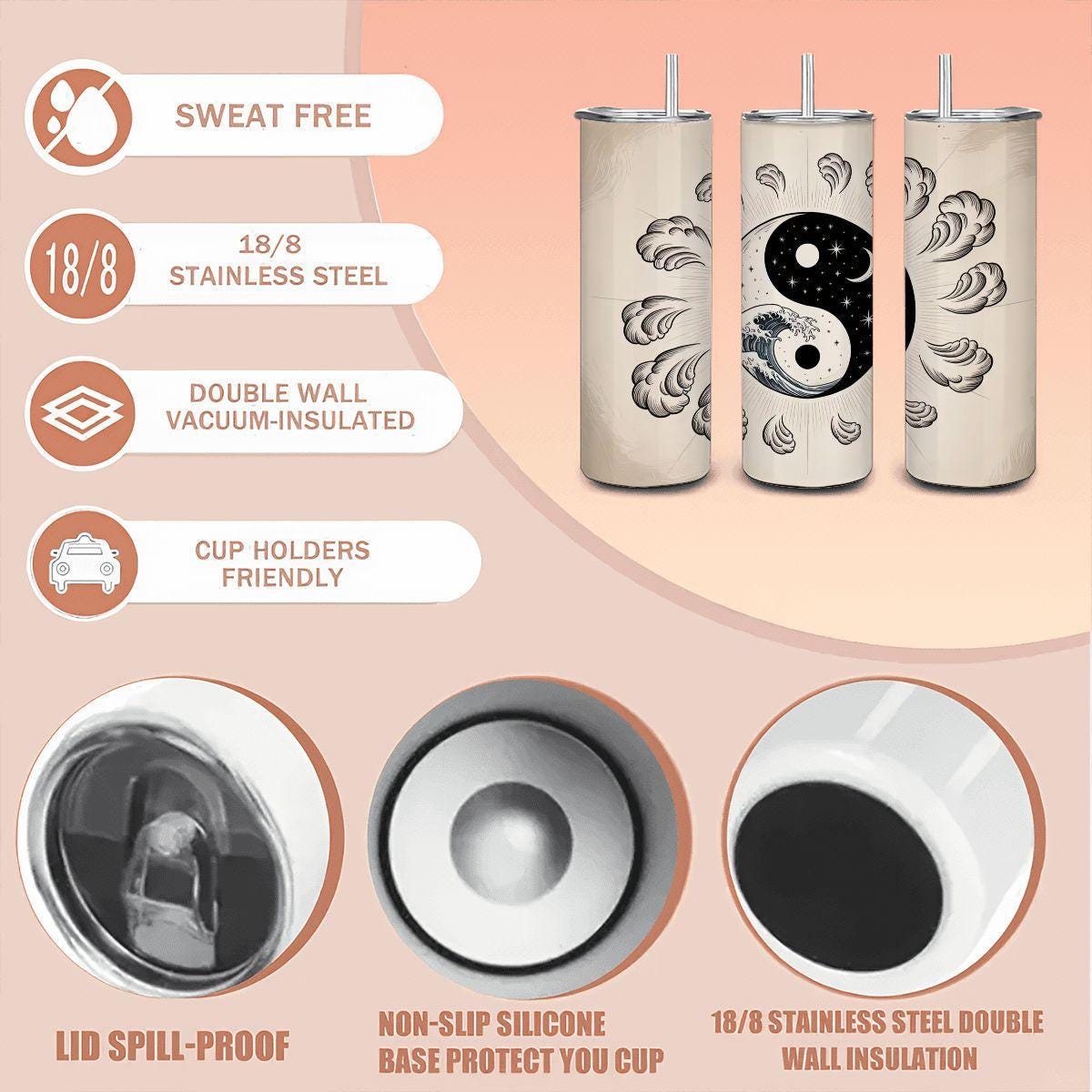Yin Yang Wave Tumbler: 20oz Insulated Stainless Steel Cosmic Mug