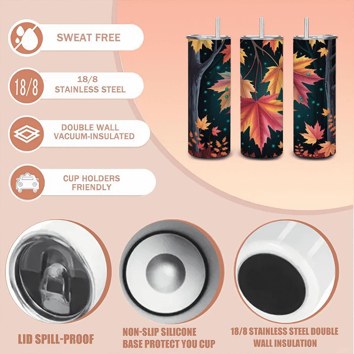 Autumn Maple Leaf Tumbler: 20oz Insulated Stainless Steel Mug