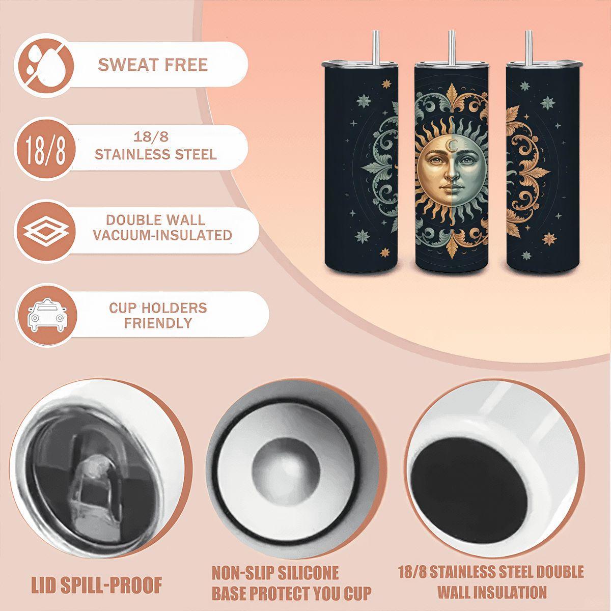 Celestial Sun Moon Tumbler: 20oz Insulated Stainless Steel Mug with Straw