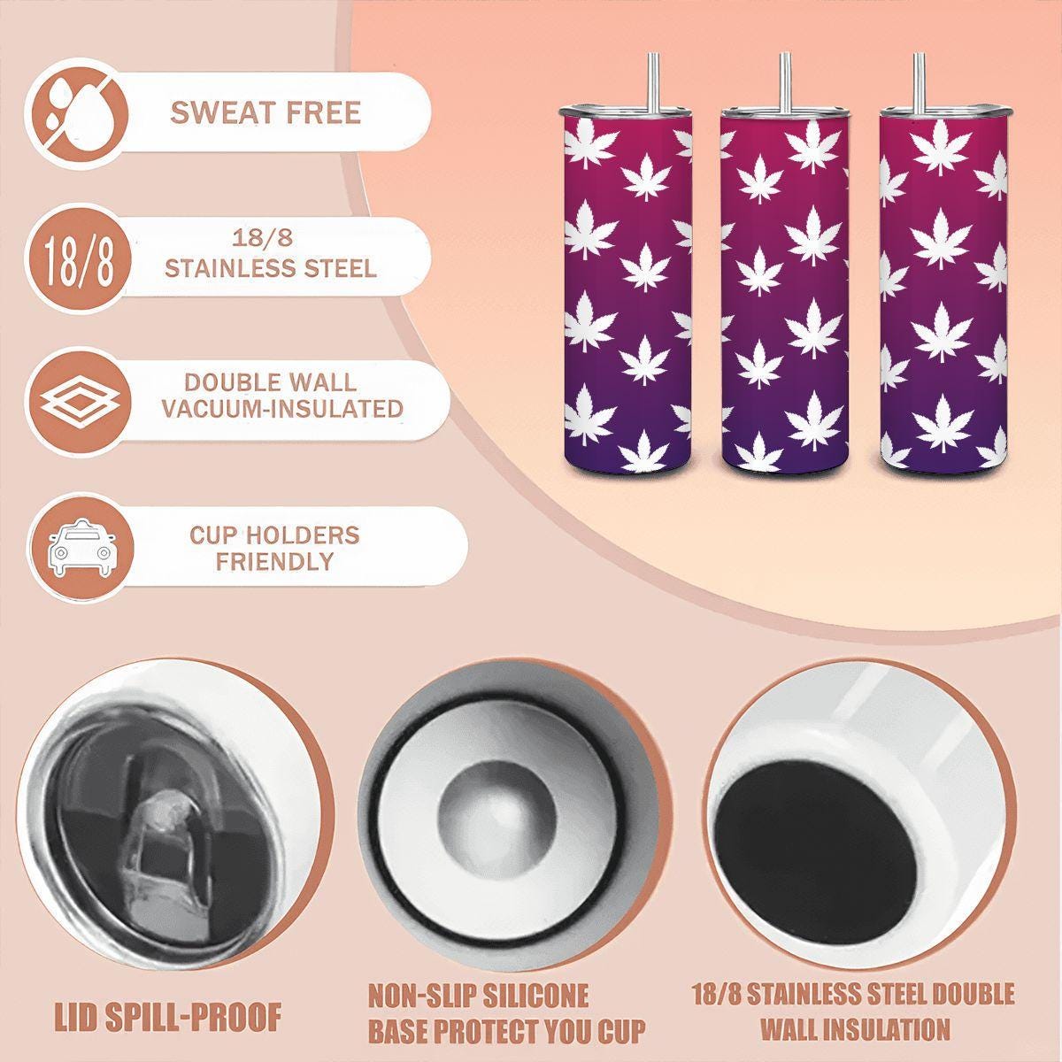 ColorFlow | Magenta Dream Leaf Tumbler 20oz | Purple Gradient Cannabis Steel Cup | Weed Gift for Stoner Women