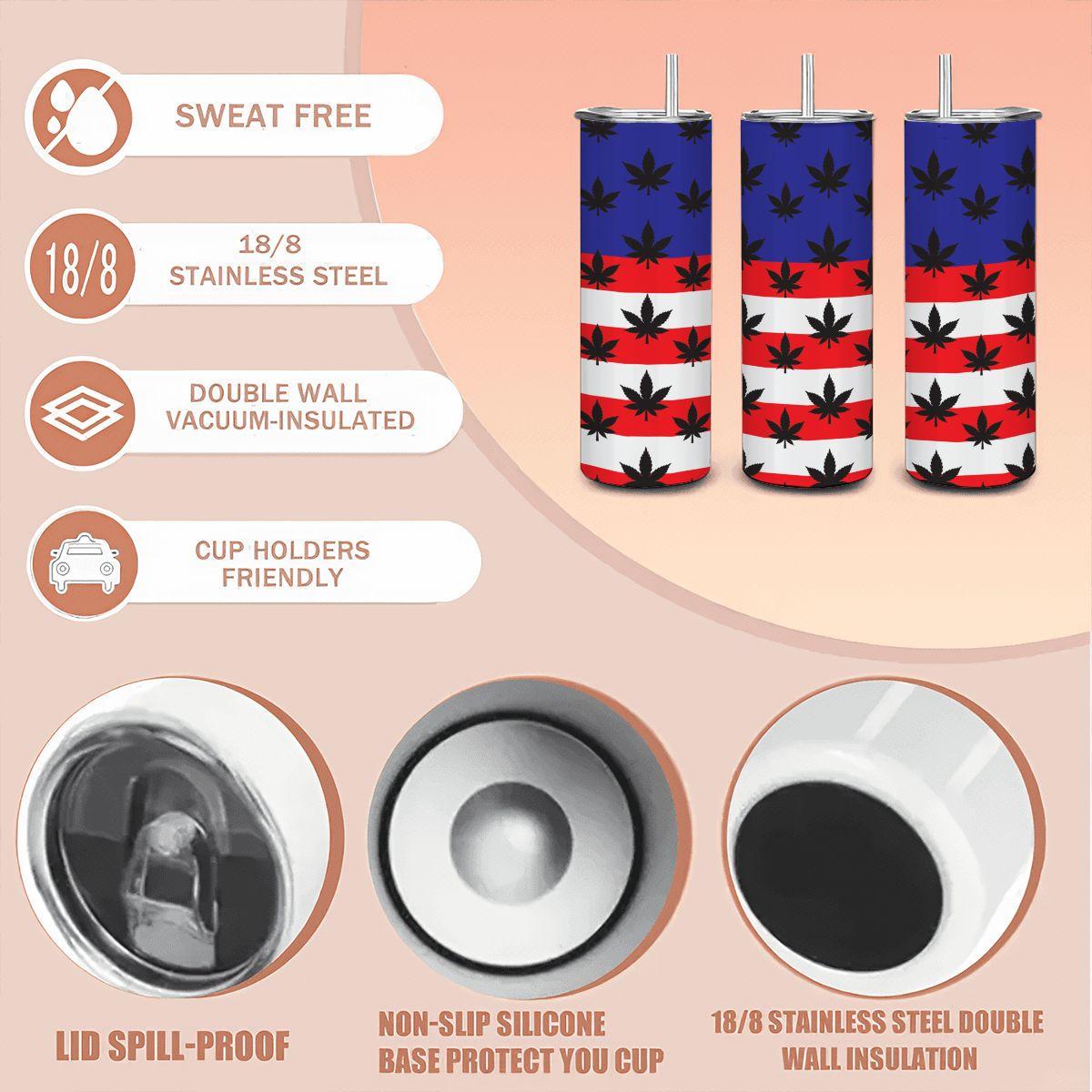ColorFlow | USA Flag Weed Leaf Tumbler 20oz | Patriotic Cannabis Stainless Steel Cup | Stoner Gift for Americans