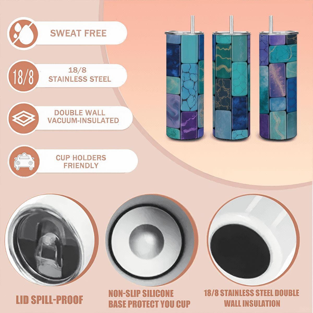 Blue Marble Mosaic Tumbler: Insulated Stainless Steel Cup with Straw