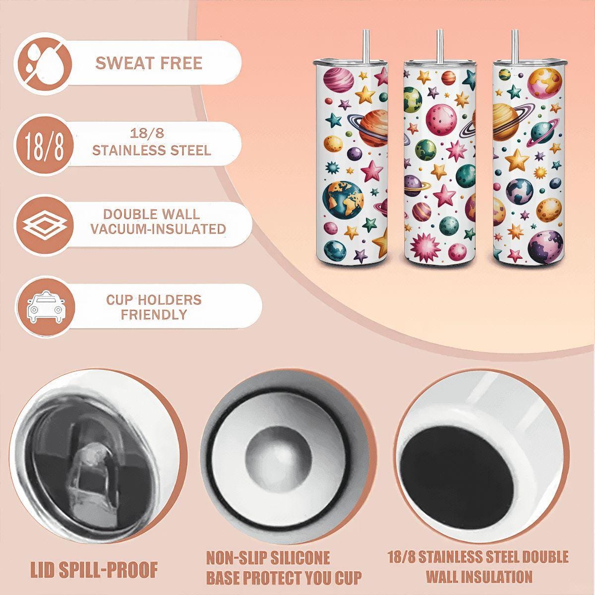 Space Planets & Stars Tumbler with Straw: Insulated Stainless Steel Galaxy Cup