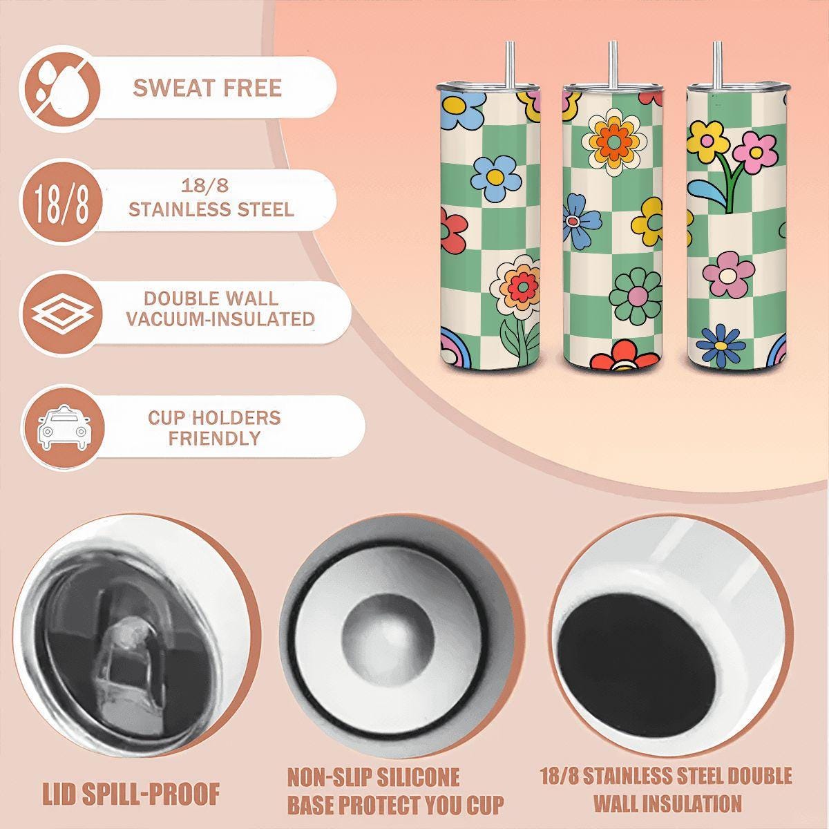 ColorFlow | Checkerboard Bloom 20oz Stainless Steel Tumbler with Straw | Retro Floral Insulated Cup | Colorful Gift Idea