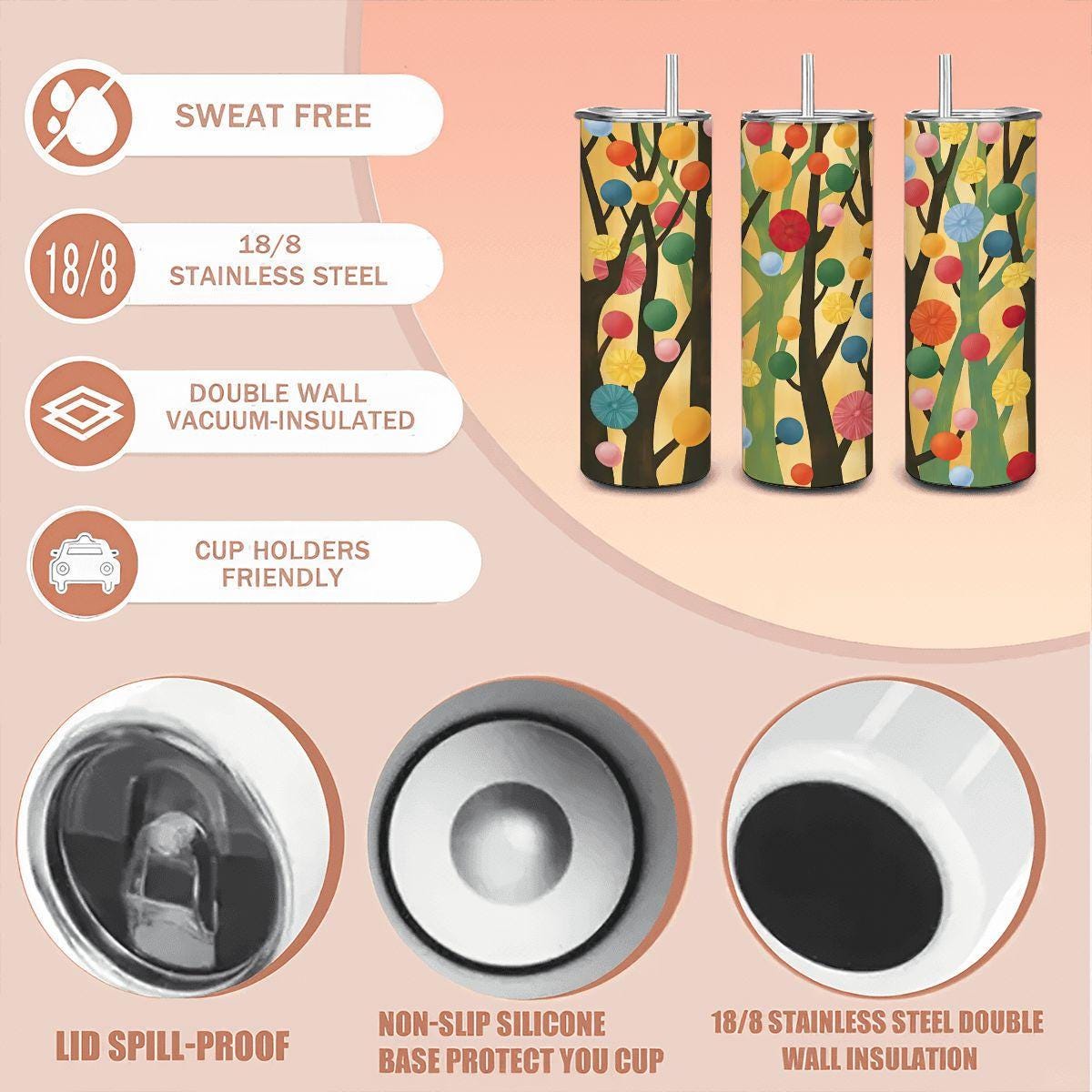 ColorFlow | Abstract Colorful Tree Tumbler | 20oz Stainless Steel | Modern Art Insulated Mug | Whimsical Nature Cup with Straw