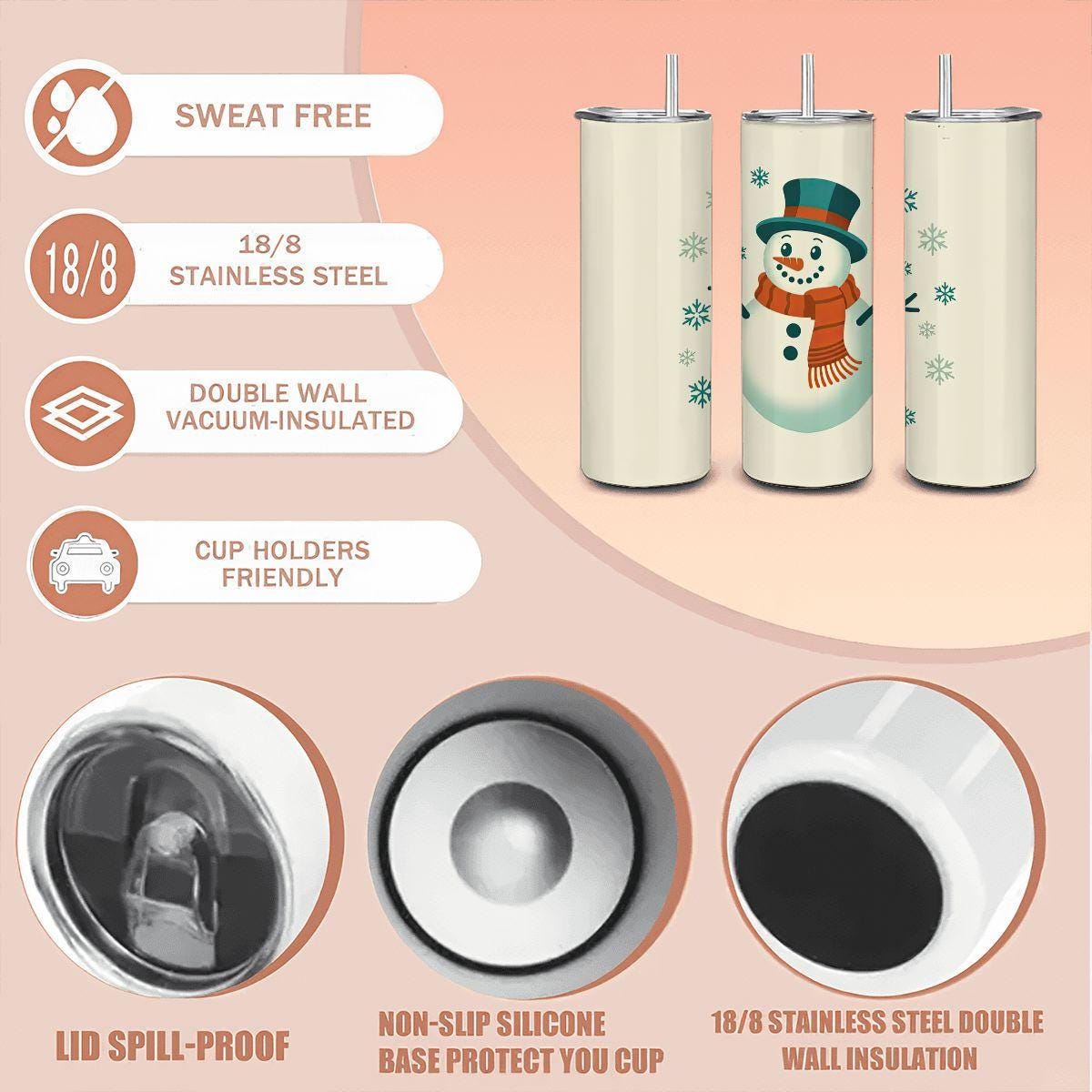 Snowman Winter Tumbler: 20oz Stainless Steel Insulated Christmas Mug