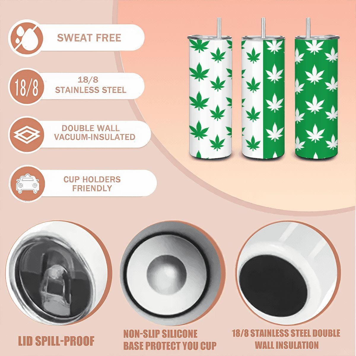 ColorFlow | Split Leaf Style Tumbler 20oz | Green White Cannabis Stainless Steel Cup | Weed Lover Gift with Straw