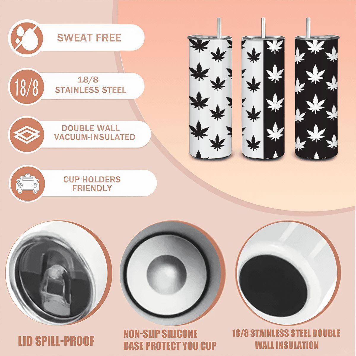 ColorFlow | Monochrome Leaf Stainless Steel Tumbler 20oz | Black White Cannabis Cup | Stoner Gift with Straw
