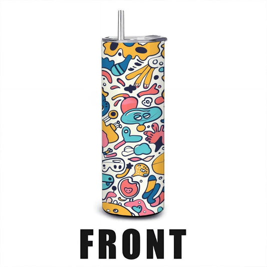 ColorFlow | Whimsical Cartoon Doodle Tumbler | 20oz Stainless Steel Tumbler with Straw | Playful Colorful Art Mug