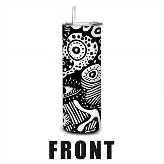 ColorFlow | Surreal Doodle Faces Tumbler | 20oz Stainless Steel Tumbler with Straw | Black White Abstract Art Mug
