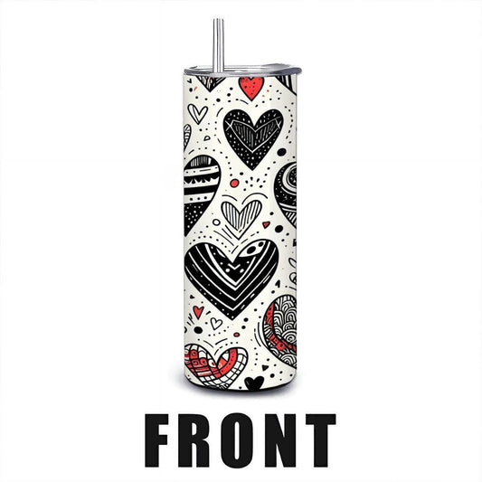 ColorFlow | Hand Drawn Hearts Doodle Tumbler | 20oz Stainless Steel Tumbler with Straw | Love Heart Art Gift Mug