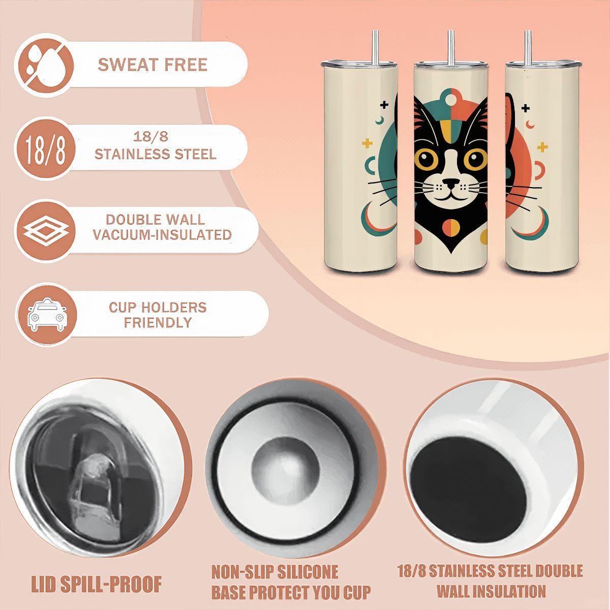 ColorFlow | Geometric Cat 20oz Stainless Steel Tumbler with Straw | Modern Cat Art Mug | Cute Animal Lover Reusable Cup