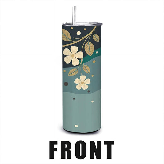 ColorFlow | Modern Botanical Floral 20oz Stainless Steel Tumbler with Straw | Teal Flower Art Travel Mug | Reusable Cup
