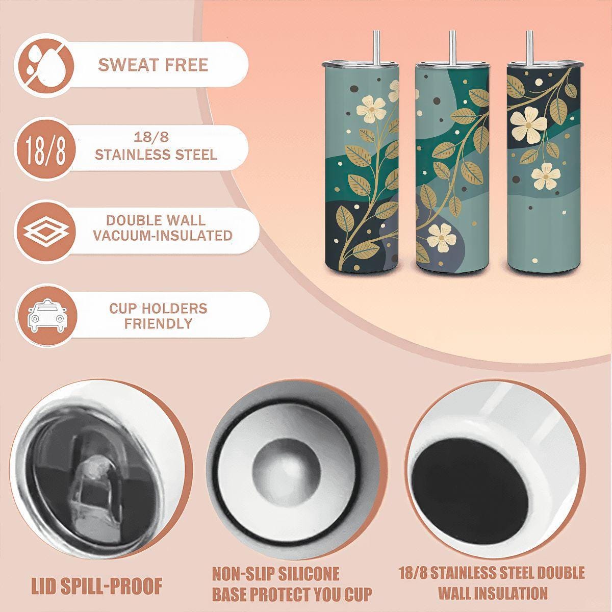 ColorFlow | Modern Botanical Floral 20oz Stainless Steel Tumbler with Straw | Teal Flower Art Travel Mug | Reusable Cup