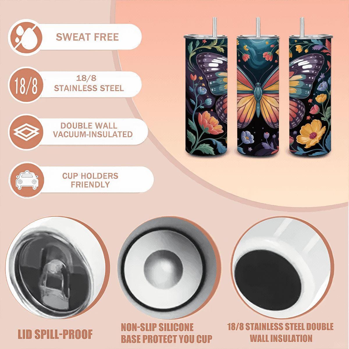ColorFlow | Moonlit Midnight Butterfly Tumbler | 20oz Stainless Steel Floral Travel Mug with Straw | Night Garden Art Cup