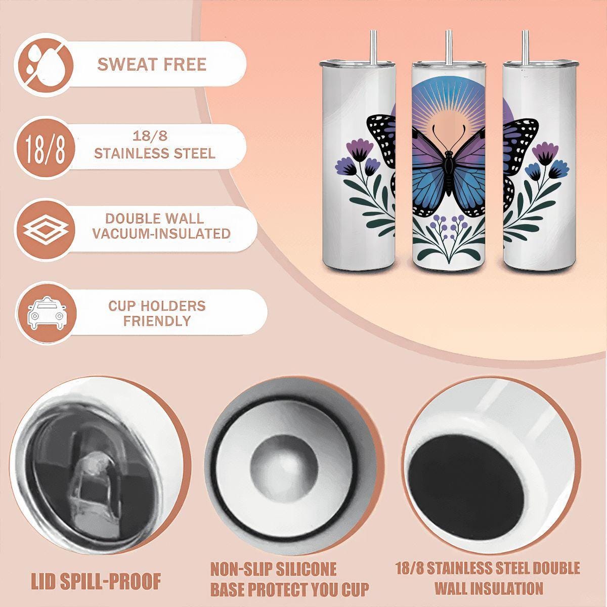 ColorFlow | Sunrise Monarch Butterfly Tumbler | 20oz Stainless Steel Floral Mug with Straw | Elegant Nature Art Travel Cup