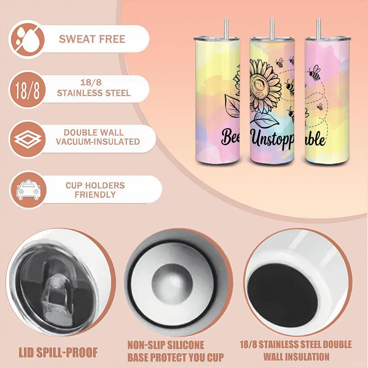 Bee Unstoppable Sunflower Tumbler: Motivational Stainless Steel Cup with Straw